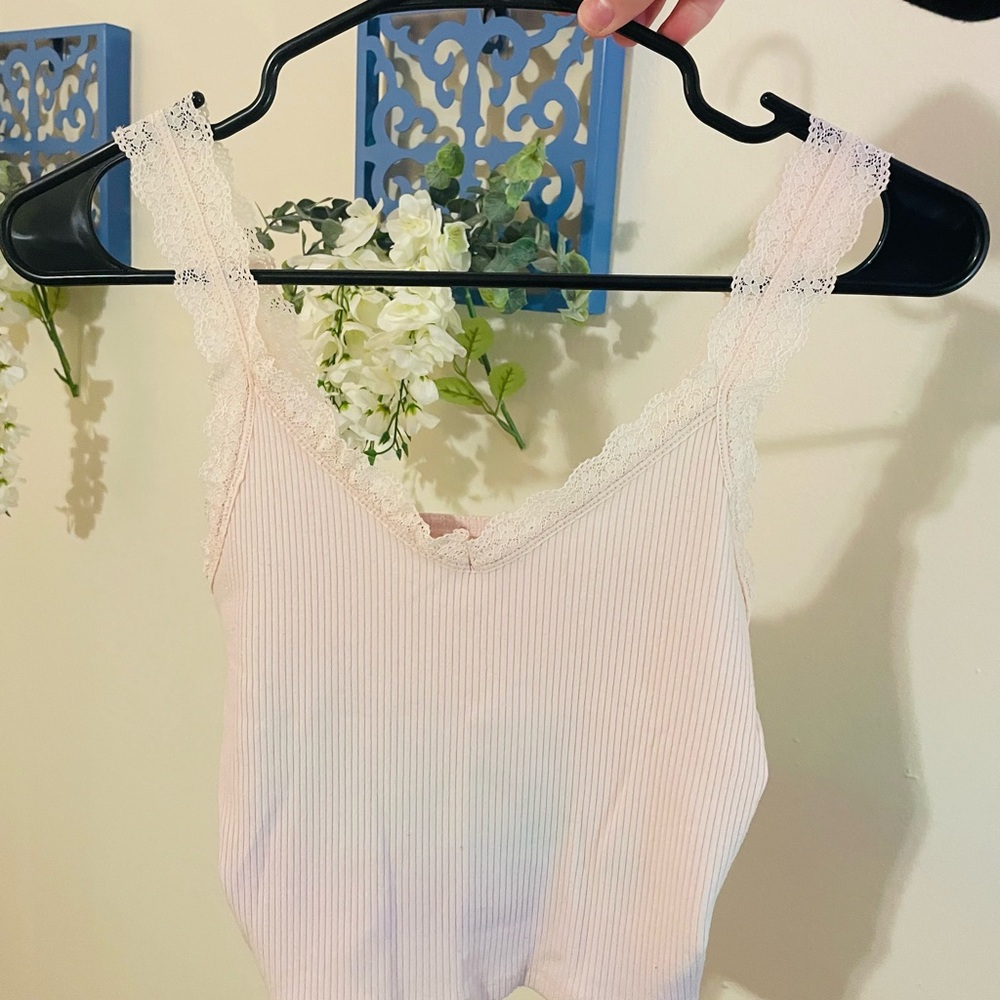 Baby Pink Lace Trim Ribbed Tank Top